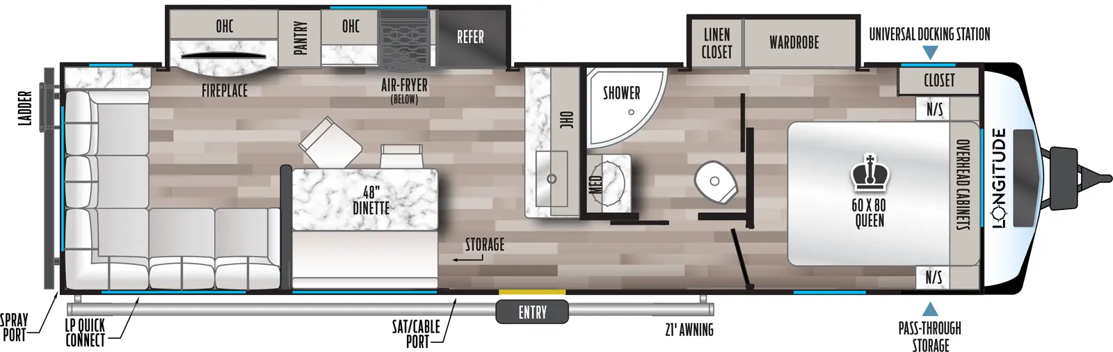 The 310RL has two slideouts and one entry. Exterior features front pass-through storage with universal docking station, 21 foot awning, satellite/cable port, LP quick connect, and rear ladder. Interior layout front to back: foot-facing queen bed with overhead cabinets, nightstands on each side, and off-door side closet, and wardrobe slideout with linen closet; off-door side pass-through full bathroom with medicine cabinet; kitchen counter with sink and overhead cabinet along inner wall; off-door side slideout with refrigerator, microwave, cooktop with air fryer below, kitchen counter with overhead cabinet, pantry, fireplace, TV and overhead cabinet; door side entry, dinette with bench, seats and storage, and rear sofa that wraps from door side around the entire rear.